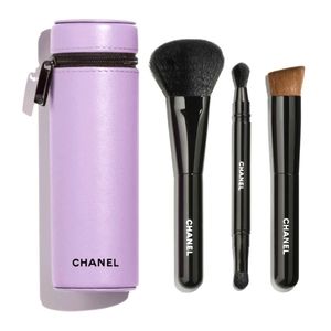 NWT Chanel purple Immortelle leather case 3 brushes set